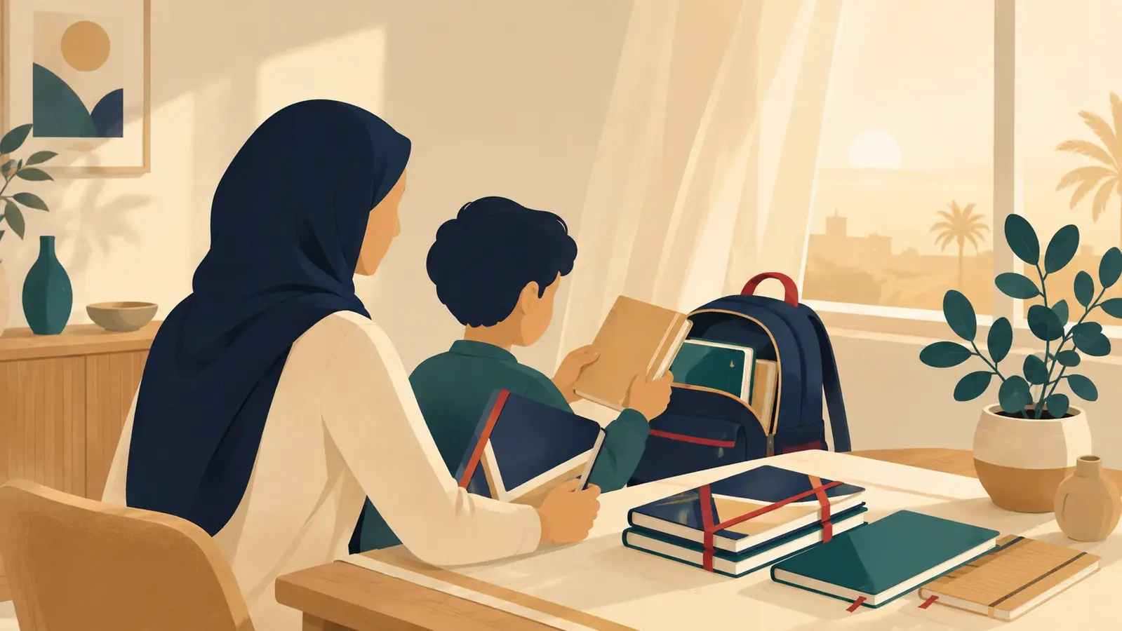 أم وابنها بيرتّبوا شنطة المدرسة بالكتب مع بعض